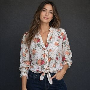 Floral Polka Dot 3/4 sleeve Tie Waist blouse Flowing Lightweight Sheer Sz Large